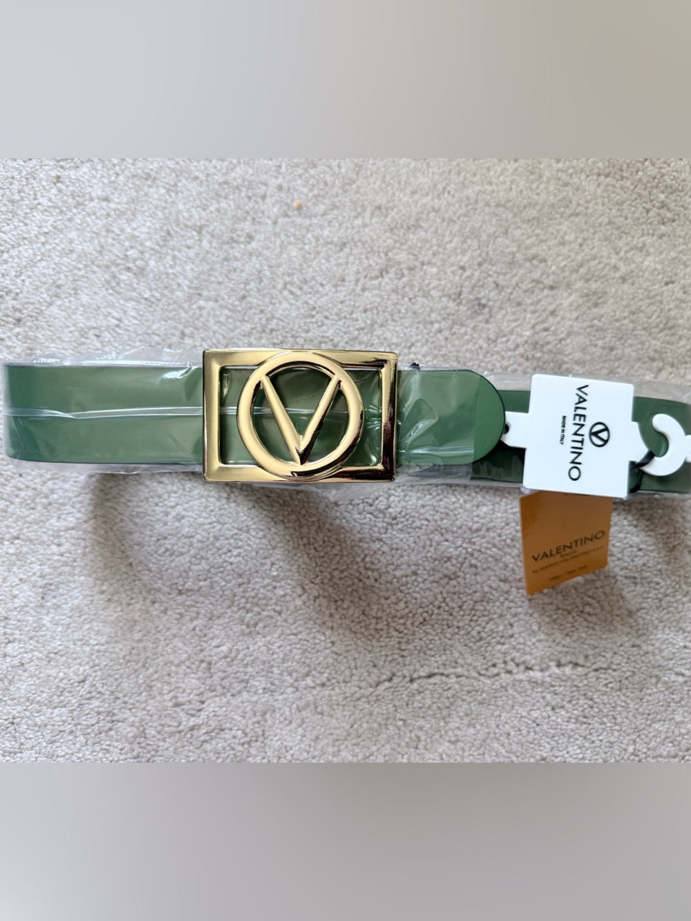 Valentino Olive Patent Logo Belt with Gold-tone Buckle